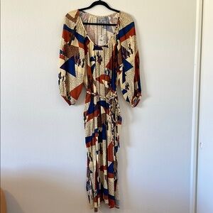 The Odell’s- Anthropologie Blue and Orange Wrap Sundress with Bishop Sleeves